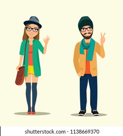 Man showing Peace or V shape gesture. Woman showing Ok sign. Vector flat style illustration