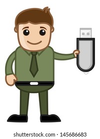 Man Showing Pen Drive - Dongle - Data Card - Vector Illustration