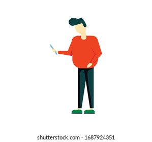 Man is showing the phone. People and gadgets. Vector illustration in cartoon style. cartoon illustration of a friendly young guy in casual outfit. friendly young guy in casual clothes, holding a mobil