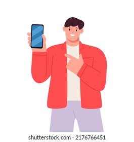 Man showing phone, people and gadgets. Vector illustration 
