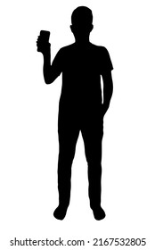 Man showing phone screen vector silhouette, isolated on white background, fill with black color, shadow idea, advertising concept