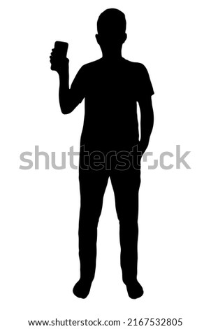 Man showing phone screen vector silhouette, isolated on white background, fill with black color, shadow idea, advertising concept
