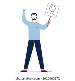 Man showing placard. Protest activist holding poster and making threaten gesture flat vector illustration. Resistance, riot, fight concept for banner, website design or landing web page