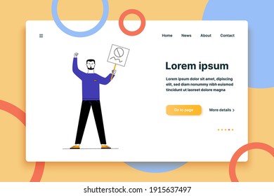 Hombre mostrando carteles. Activista de protesta sostiene afiche y hace ilustración de vector plana de gestos amenazados. Resistencia, disturbios, concepto de lucha para banner, diseño de sitio web o página web de aterrizaje
