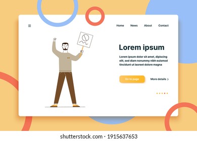 Hombre mostrando carteles. Activista de protesta sostiene afiche y hace ilustración de vector plana de gestos amenazados. Resistencia, disturbios, concepto de lucha para banner, diseño de sitio web o página web de aterrizaje