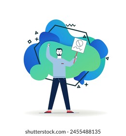 Man showing placard. Protest activist holding poster and making threaten gesture flat vector illustration. Resistance, riot, fight concept for banner, website design or landing web page