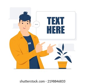 Man showing and pointing fingers upper left and right corner with happy expression advices use this copy space wisely concept illustration