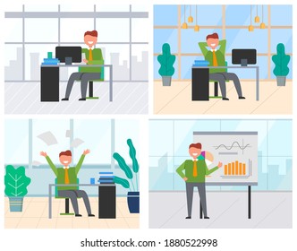 Man showing presentation on board vector, stats and info about project of company. Businessman wearing tie and suit, relaxing in office, workplace