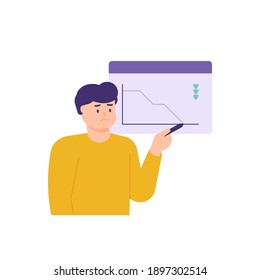 a man is showing or presenting that his income is decreasing or going bankrupt. the data graph dropped dramatically. illustration of the expression of a sad and disappointed man. flat style. vector