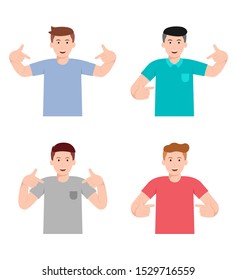 Man showing product pose with different hand gesture character set. vector illustration