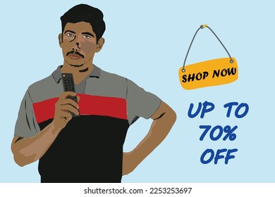 man showing the remote in blue beautiful background. vector illustration