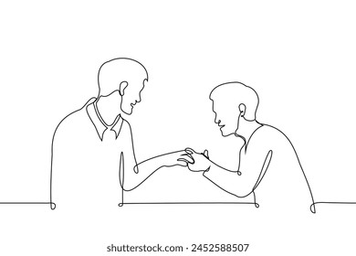 man showing ring to another man or gay engagement - one line art vector. concept men in love, a man admires his friend's engagement ring. 