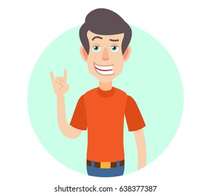Man showing Rock and Roll sign. Portrait of Cartoon Man in red t-shirt. Vector illustration in a flat style.