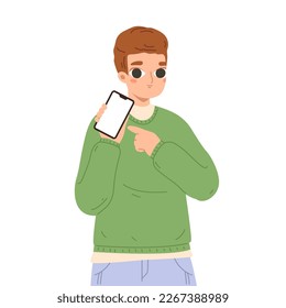 Man showing screen cellphone. Smart person point on phone. Cartoon boy holding smartphone, marketing, information, payment snugly vector characters
