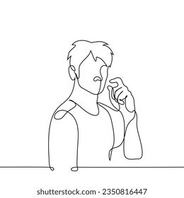 man showing small space between thumb and forefinger - one line art vector. the concept of showing a small amount or small size of something