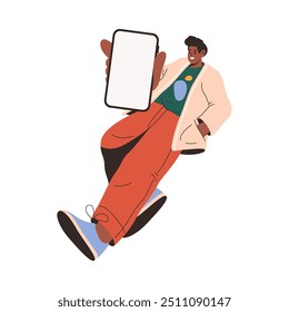 Homem mostrando smartphone com tela vazia, ilustração de vetor de desenho animado plano. Personagem isolada segurando celular com display vazio nas mãos. Copiar espaço ou maquete para anúncio