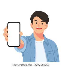 Man showing smartphone in his hand, Happy smile face, You can put contents in smartphone screen, Flat style vector characters, illustrations.