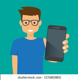 man showing smartphone, man holding smartphone, vector illustration
