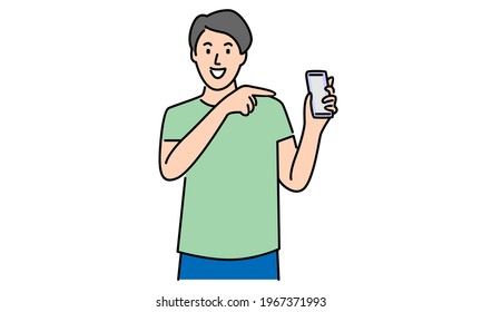 Man showing smartphone and pointing towards that