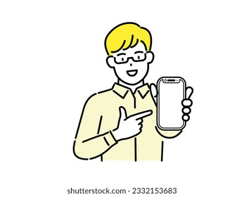 Man showing smartphone screen and promoting, marketing concept