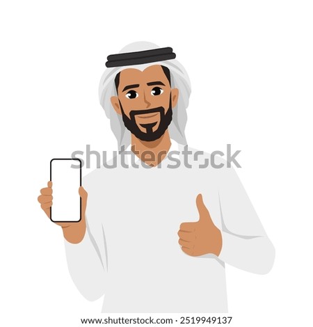 Man showing smartphone and showing thumbs up or like sign. Flat Vector Character illustration