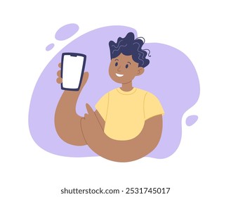 Homem mostrando smartphone. Caráter positivo jovem. Conceito para negócios, tecnologia, serviços