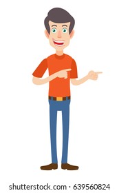 Man showing something beside of him. Full length portrait of Cartoon Man in red t-shirt. Vector illustration in a flat style.