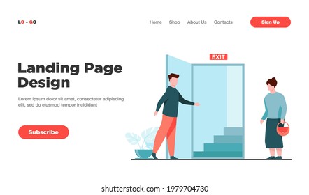 Man showing staircase to senior woman. Way, grandmother, exit flat vector illustration. Retirement and help concept for banner, website design or landing web page