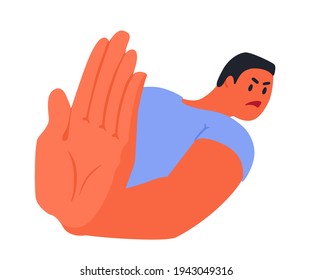 A man showing a stop gesture with his palm of a hand. A boy disagrees, denies, declines. A vector cartoon illustration.
