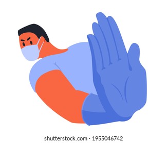 A man showing a stop gesture with his palm of a hand. A boy disagrees, denies, declines. A man wears a protective mask and gloves. A vector cartoon illustration.