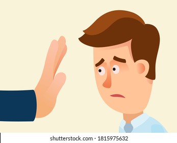 Man showing stop hand gesture in front of another person's face. Close up, portrait. Hand sign -no, not. Vector illustration, flat design, cartoon style, isolated background.