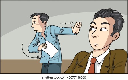 Man showing stop hand gesture in front of another person's face. 