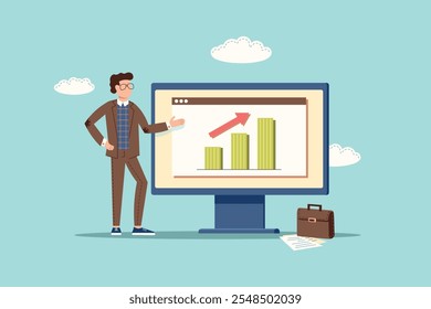 O homem está mostrando um gráfico bem sucedido, o alto-falante está parado perto do computador. Conceito empresarial criativo. Ilustração de vetor plano