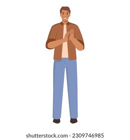 Man showing support gestures, applause or greets, hand claps. Vector illustration of happy person ovation, showing respect or appreciation to someone, celebration or bravo claiming