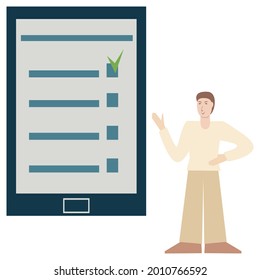 Man showing tablet screen Business planning, management, job organization Your text on the gadget display Isolated vector illustration on white background Copy space