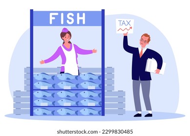 Man showing tax chart to shocked seller at fish stall. Commercial maritime activity, woman selling fish, increasing tax on salmon vector illustration. Seafood industry, aquaculture concept