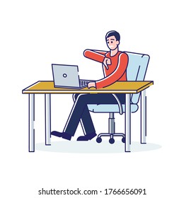 Man showing thumb down dislike gesture while using laptop computer. Unsatisfied user or client concept. Cartoon customer with disapproval sign. Linear vector illustration