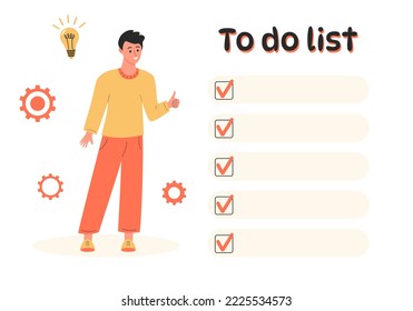 Man showing thumb up and looking at the large to do list. Gear wheels and lightbulb around him. Time management, prioritizing tasks, business idea and organization of efficient workflow.