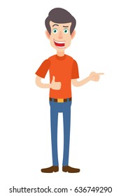 Man showing thumb up and pointing something beside of him. Full length portrait of Cartoon Man in red t-shirt. Vector illustration in a flat style.