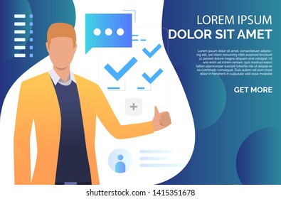 Man showing thumb up, recommending business product. Representative, recommendation concept. Presentation slide template. Vector illustration for topics like business, marketing, advertisement