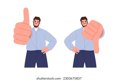 Hombre mostrando los pulgares hacia arriba y los pulgares hacia abajo, elección difícil. Ilustración vectorial plana aislada en fondo blanco 
