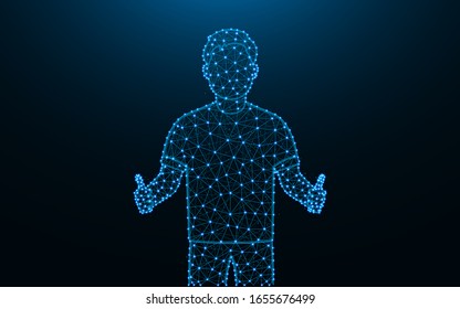 Hombre mostrando los pulgares hacia arriba hechos de puntos y líneas sobre fondo azul oscuro, hombre positivo alambre malla mesh ilustración vectorial poligonal