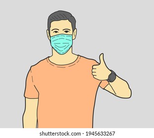 man showing thumbs up use  face mask with gray background. hand drawn style vector design illustrations.