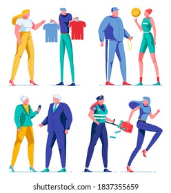 Man Showing Two Tshirts for Woman to Choose Flat Cartoon Vector Illustration. Girl Volleyball Player Talking with Coach Holding Whistle. Female Journalist Talking to Politician. Police Girl Arresting.