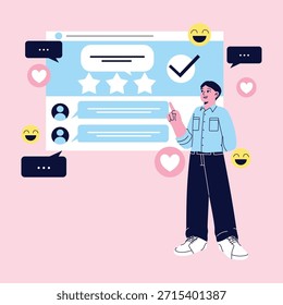 A Man Showing User Reviews and Comment Feedbacks with Emoji and Reaction Icons
