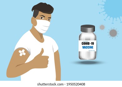 Man Showing Vaccinated Arm.Man Getting Vaccinated.Covid 19 Vaccine Bottle. Applicable For Covid 19 .Person After Receiving Covid-19 Vaccine On Her Arm.Vaccination Concept.