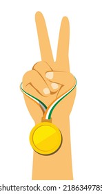 Man showing victory hand with gold medal
