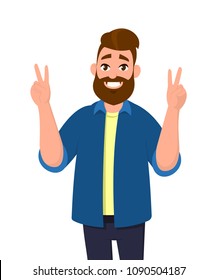 Man is showing victory sign. Man gesture success.  Vector illustration in cartoon style. Man doing a victory sign.