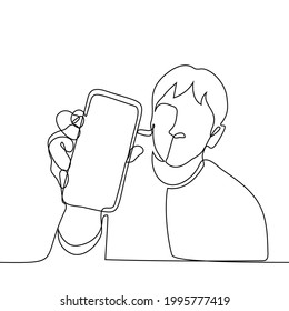 man showing the viewer a blank phone screen - one line drawing. concept of empty space for text, share impressions, show photos or reveal information about yourself