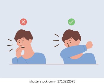 Man showing the way to coughing and Sneezing correctly and incorrectly when you don't wear a mask, Should doing that into upper sleeve, not hands. Illustration about stop spread Diseases. 